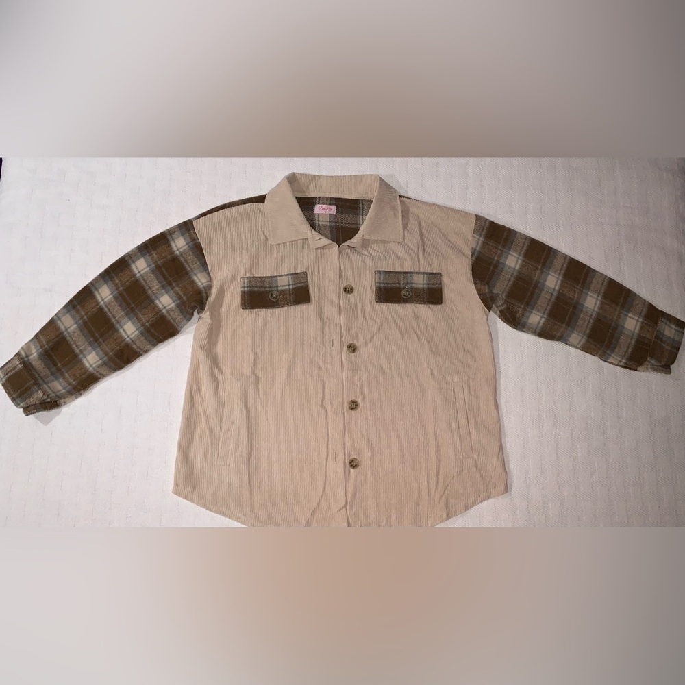 Pink Lily Corduroy Shacket w/ Brown Plaid Sleeves